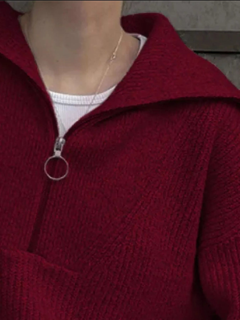 Half Zip Dropped Shoulder Sweater - FLORENTINE IRIS