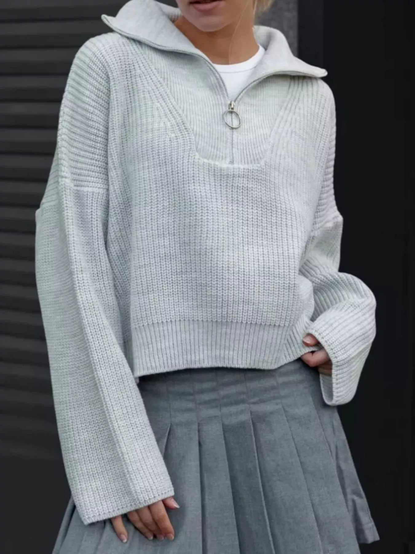 Half Zip Dropped Shoulder Sweater - FLORENTINE IRIS