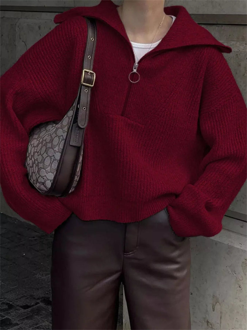 Half Zip Dropped Shoulder Sweater - FLORENTINE IRIS