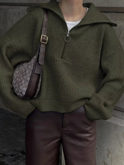 Half Zip Dropped Shoulder Sweater - FLORENTINE IRIS