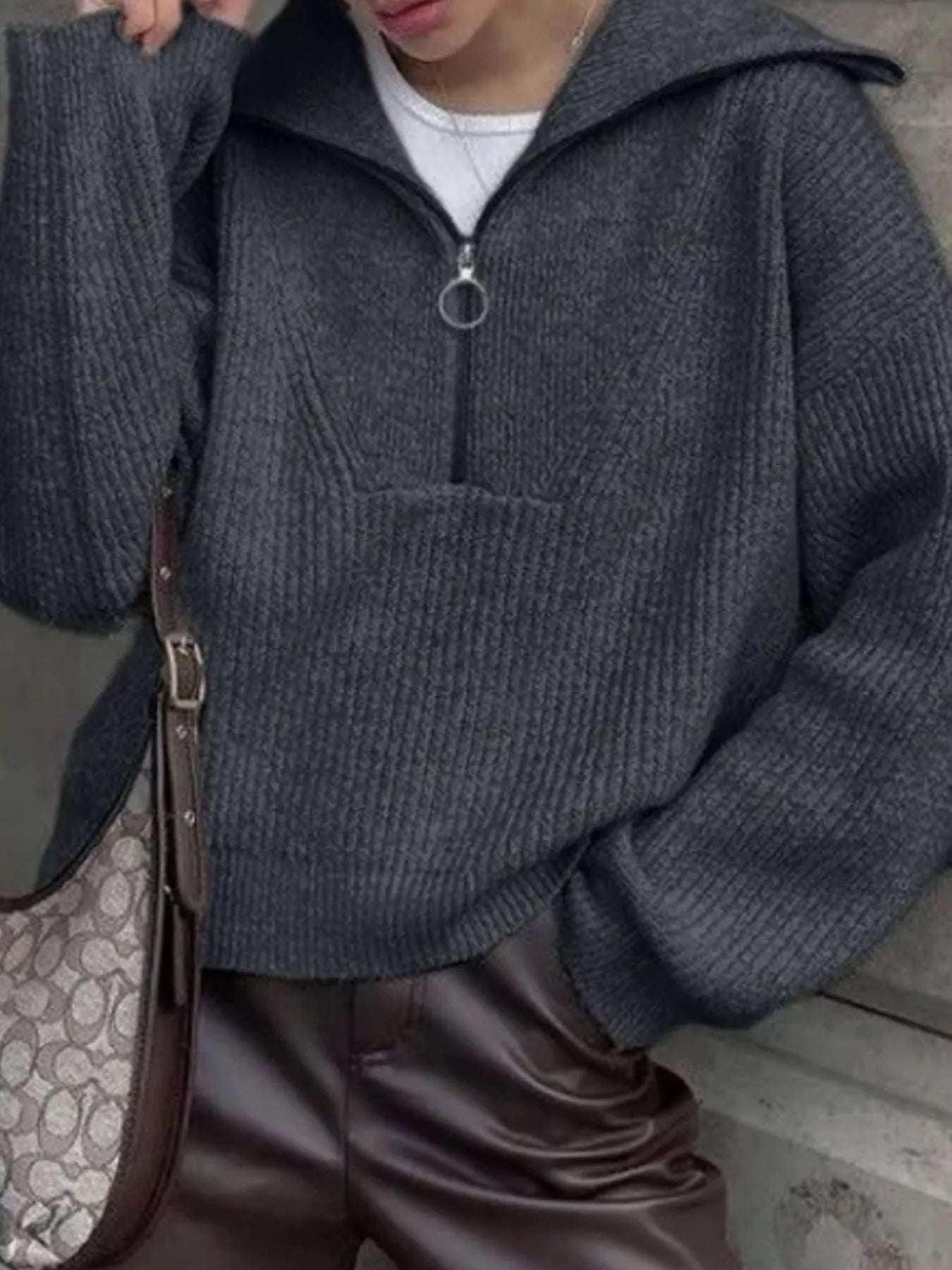 Half Zip Dropped Shoulder Sweater - FLORENTINE IRIS