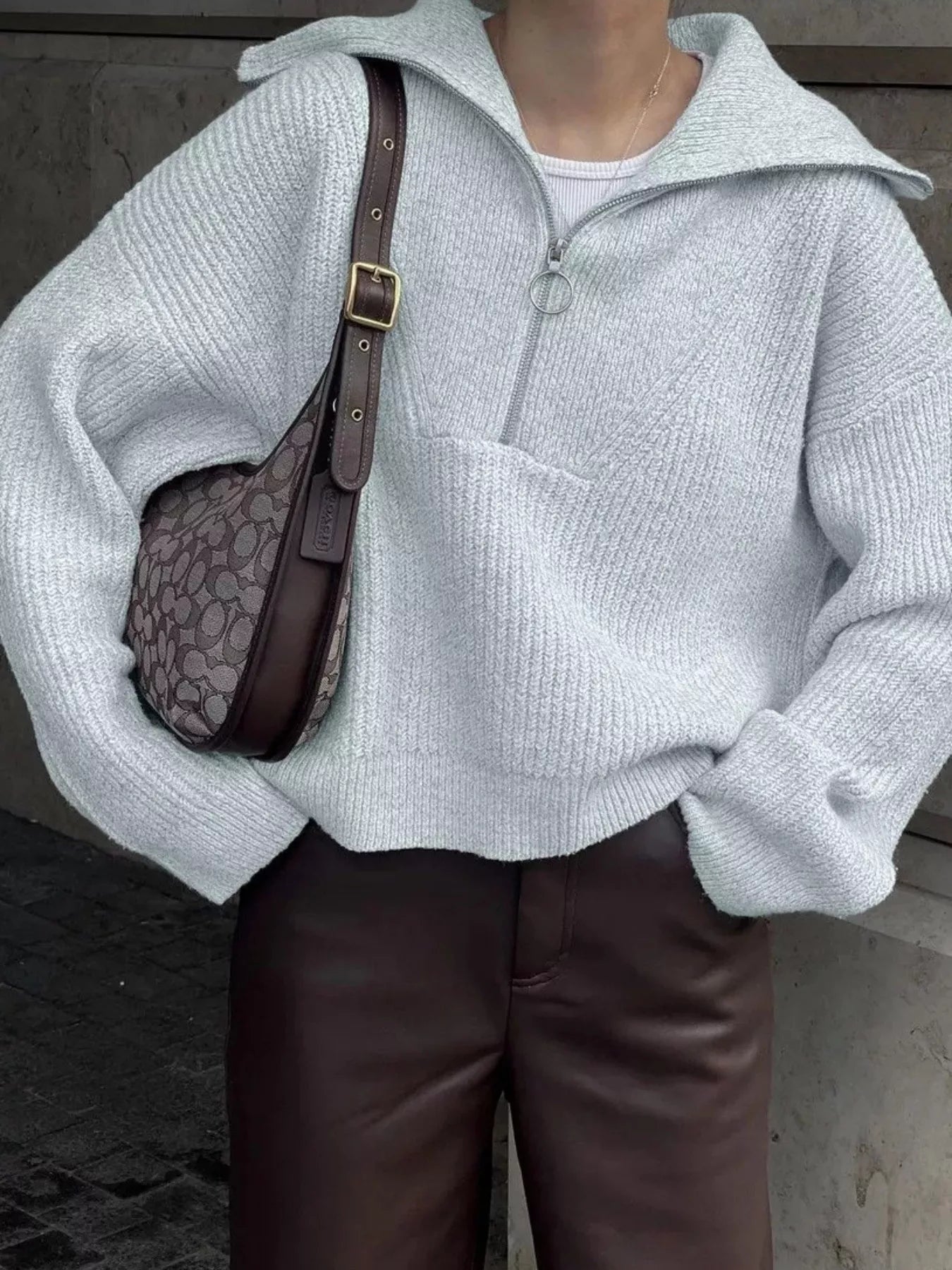 Half Zip Dropped Shoulder Sweater - FLORENTINE IRIS