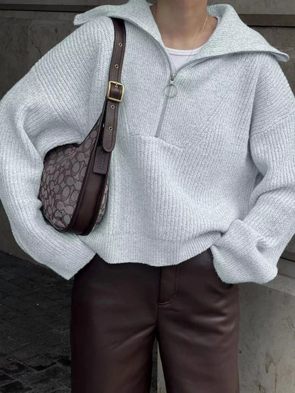 Half Zip Dropped Shoulder Sweater - FLORENTINE IRIS