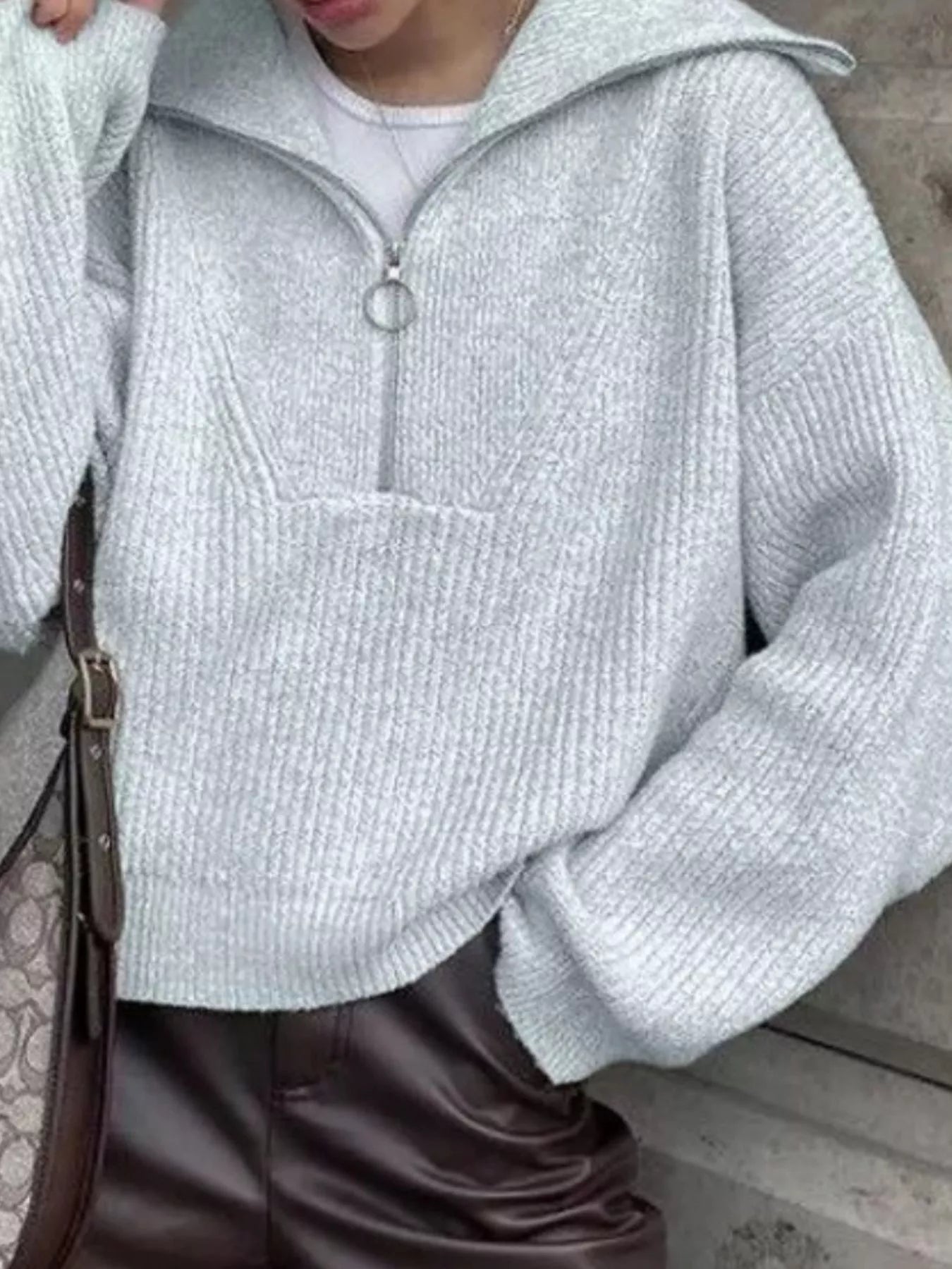 Half Zip Dropped Shoulder Sweater - FLORENTINE IRIS