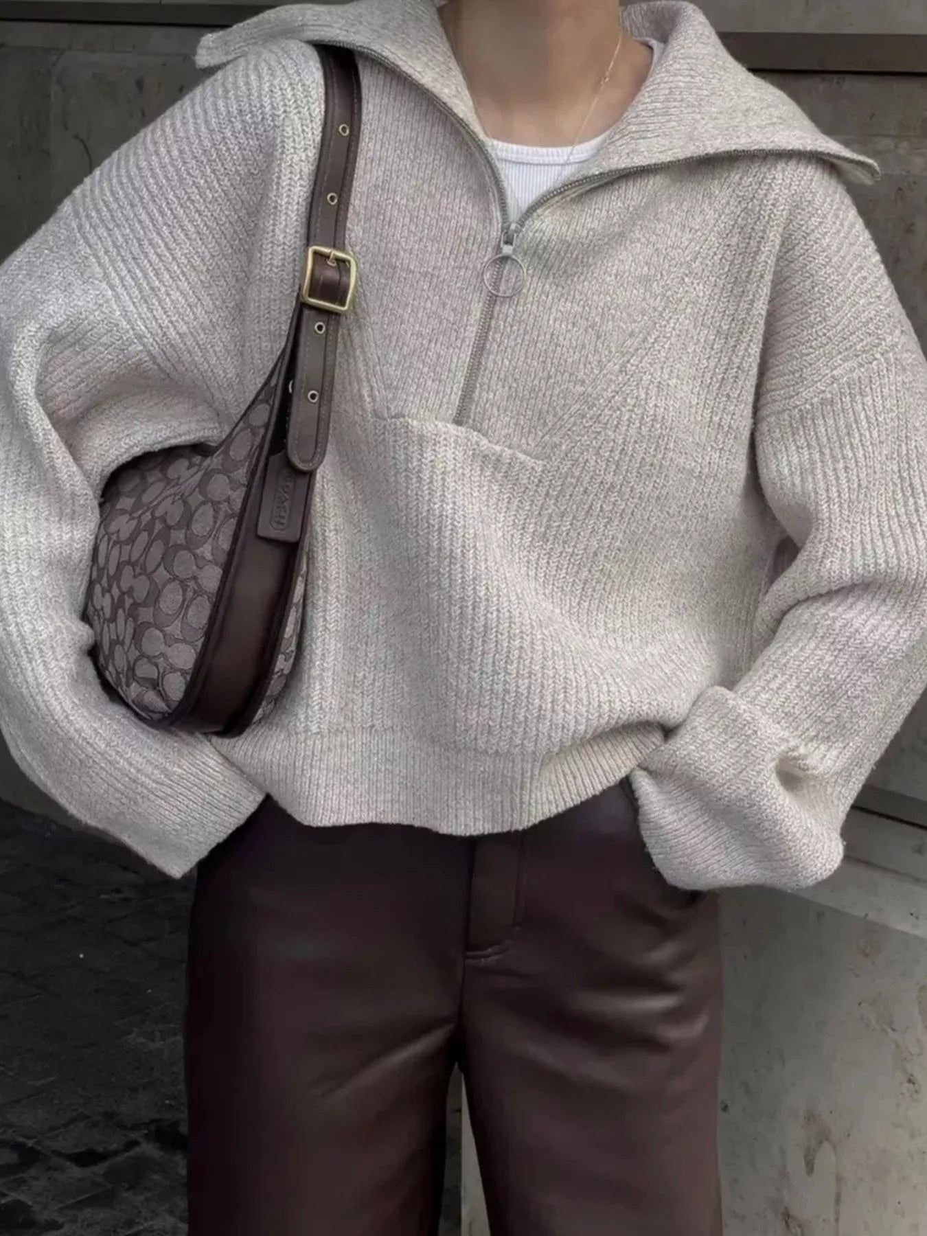 Half Zip Dropped Shoulder Sweater - FLORENTINE IRIS