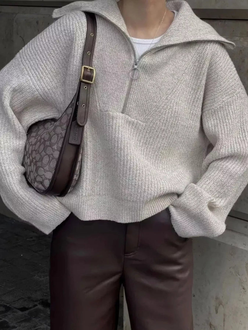 Half Zip Dropped Shoulder Sweater - FLORENTINE IRIS