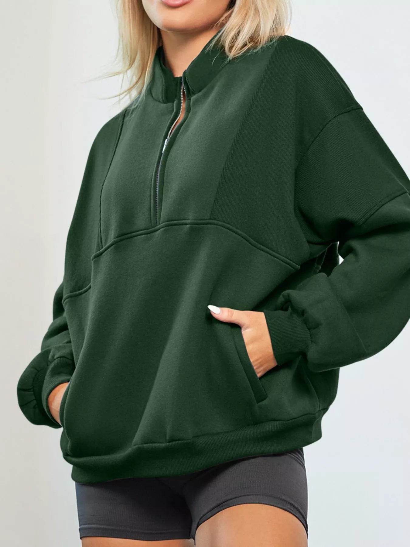 Half Zip Stand Collar Exposed Seam Solid Color Casual Sweatshirt - FLORENTINE IRIS