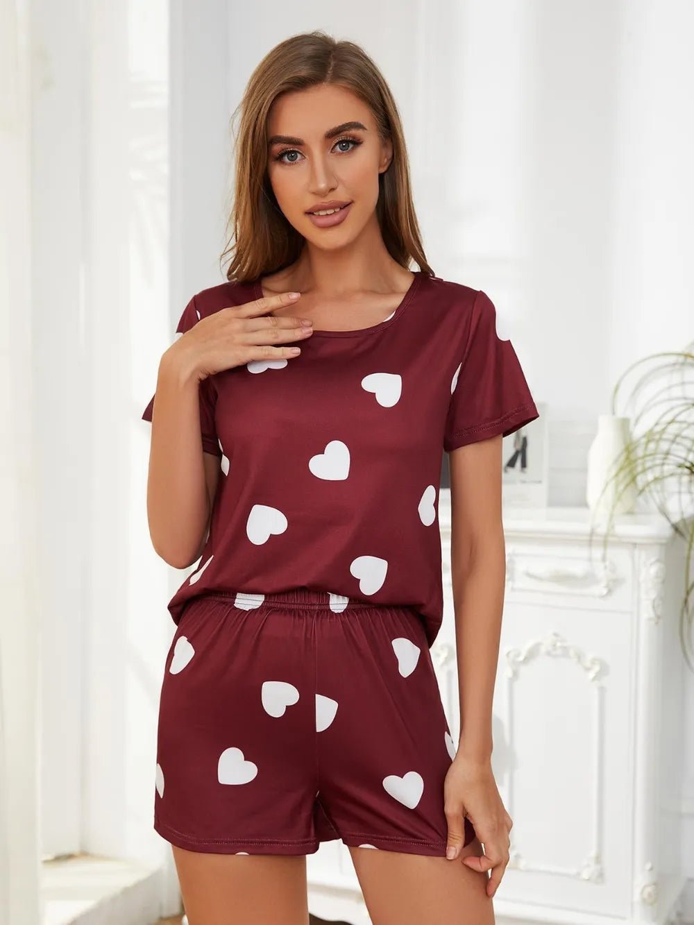 Heart Round Neck Top and Shorts Lounge Set - FLORENTINE IRIS