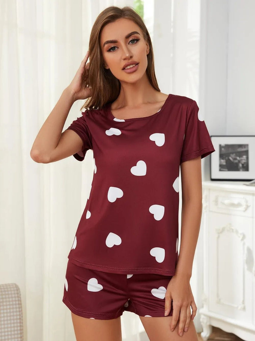 Heart Round Neck Top and Shorts Lounge Set - FLORENTINE IRIS