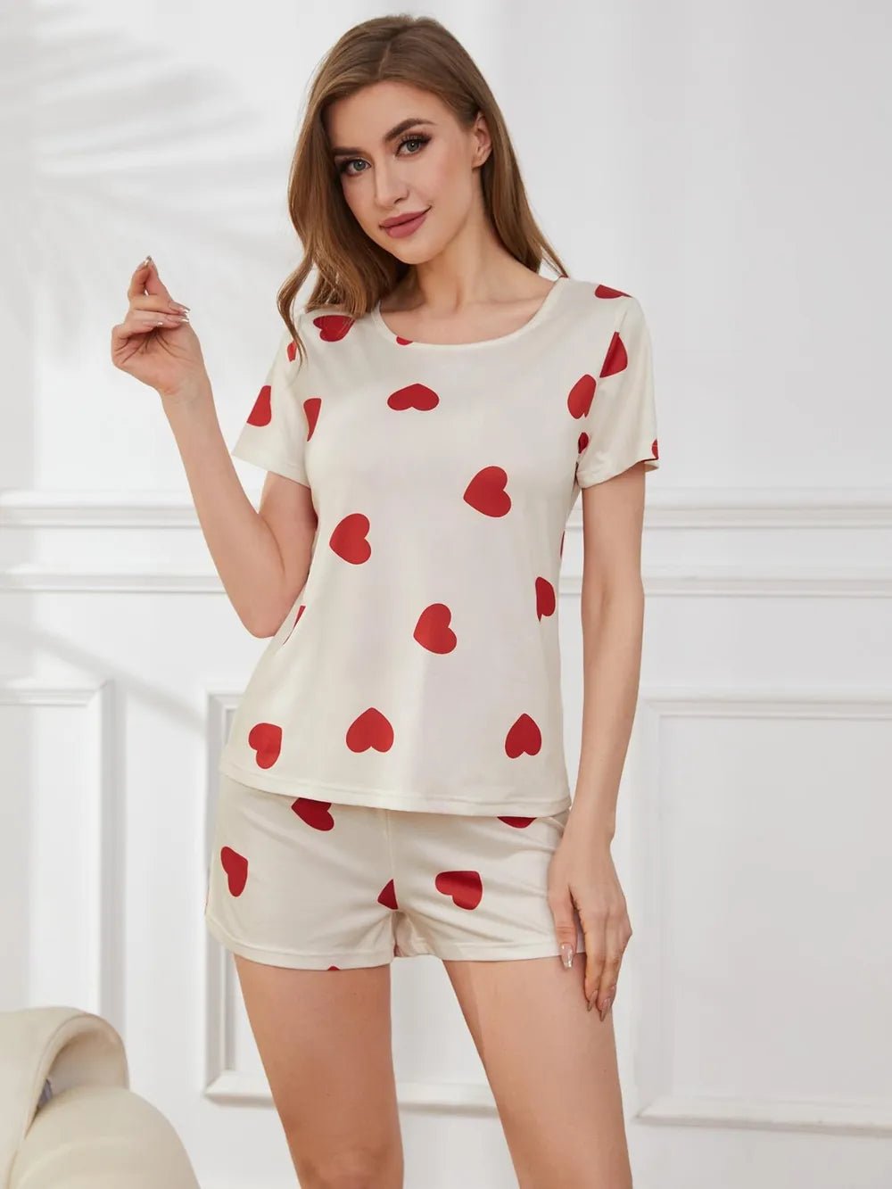 Heart Round Neck Top and Shorts Lounge Set - FLORENTINE IRIS