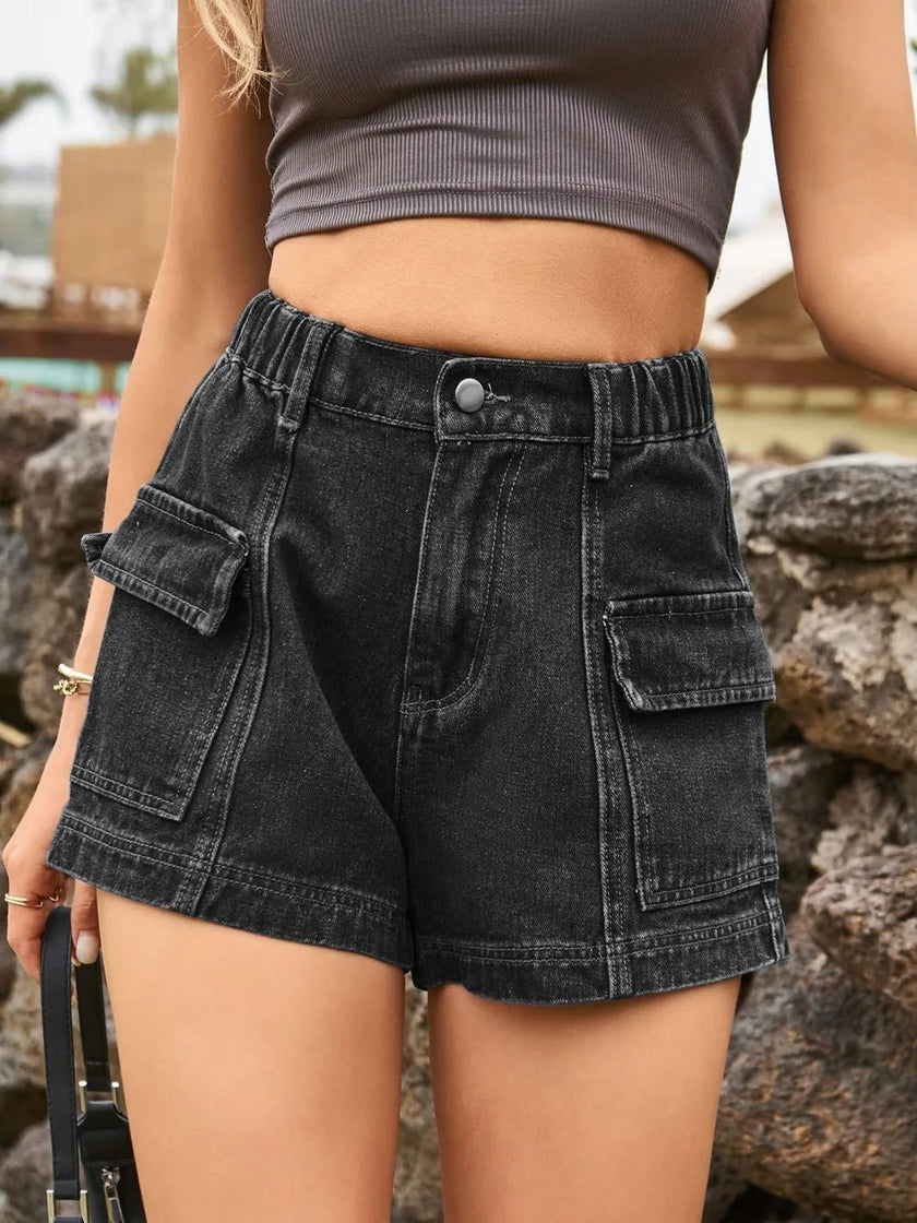 High Waist Denim Shorts with Pockets - FLORENTINE IRIS