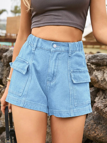 High Waist Denim Shorts with Pockets - FLORENTINE IRIS