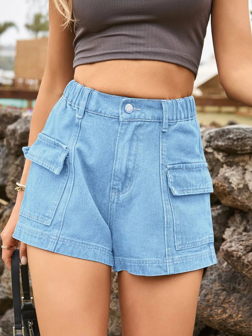 High Waist Denim Shorts with Pockets - FLORENTINE IRIS
