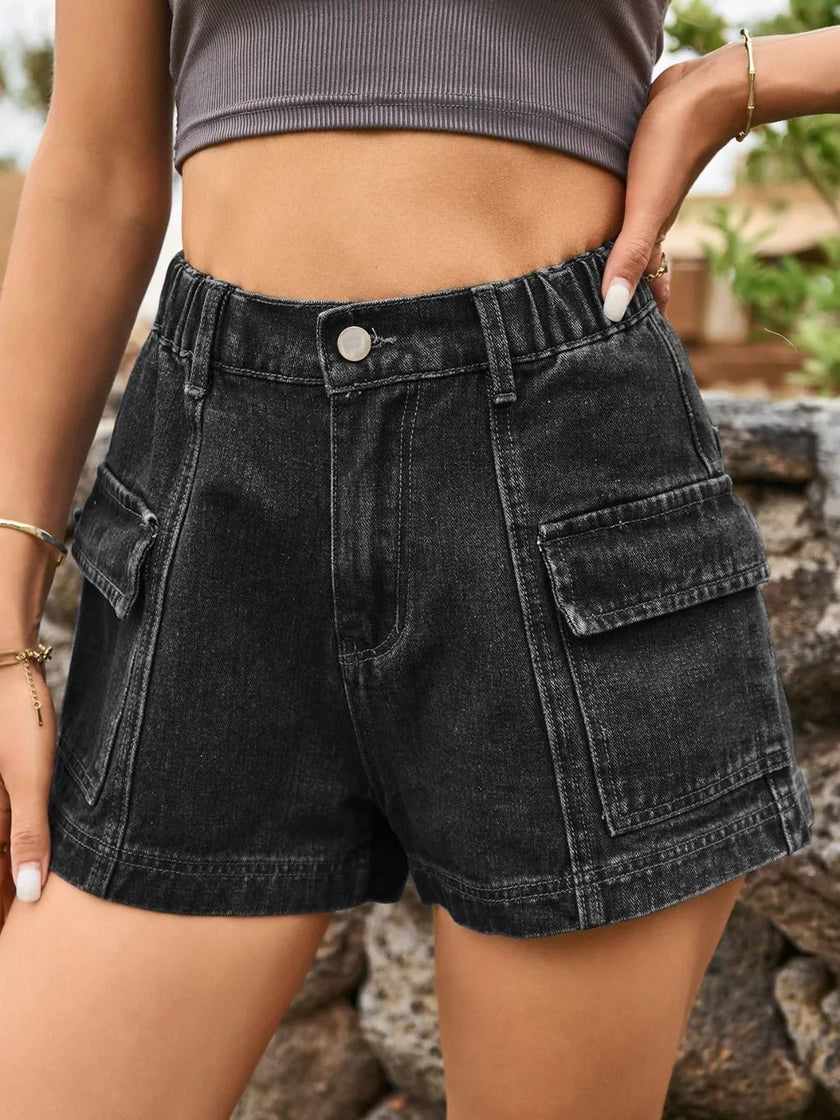 High Waist Denim Shorts with Pockets - FLORENTINE IRIS