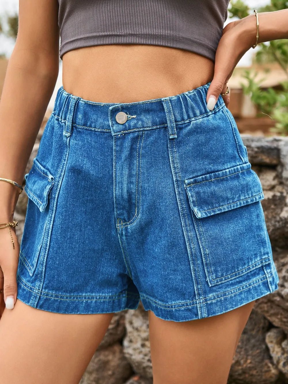 High Waist Denim Shorts with Pockets - FLORENTINE IRIS