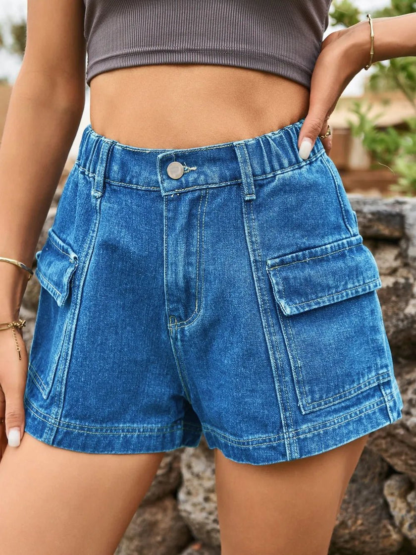 High Waist Denim Shorts with Pockets - FLORENTINE IRIS