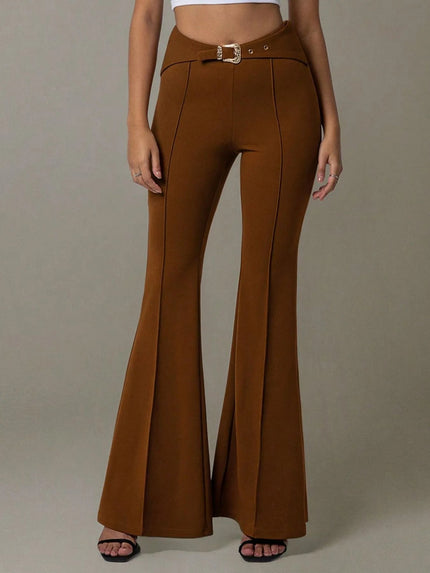 High Waist Flare Pants with Buckle Belt - FLORENTINE IRIS