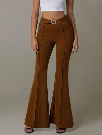 High Waist Flare Pants with Buckle Belt - FLORENTINE IRIS
