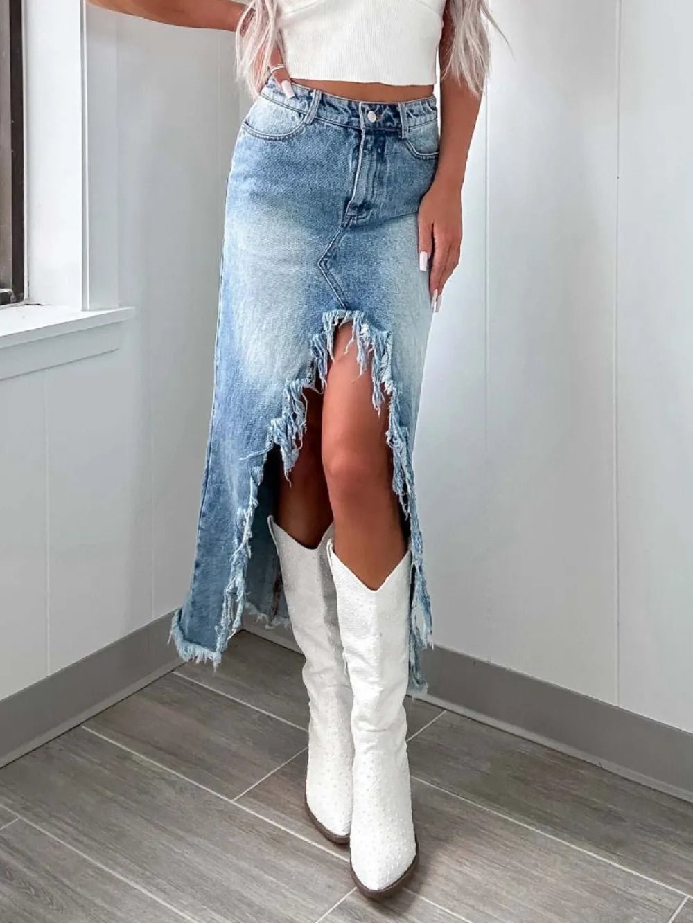 High - Waist Raw Hem Asymmetry Denim Skirt - FLORENTINE IRIS