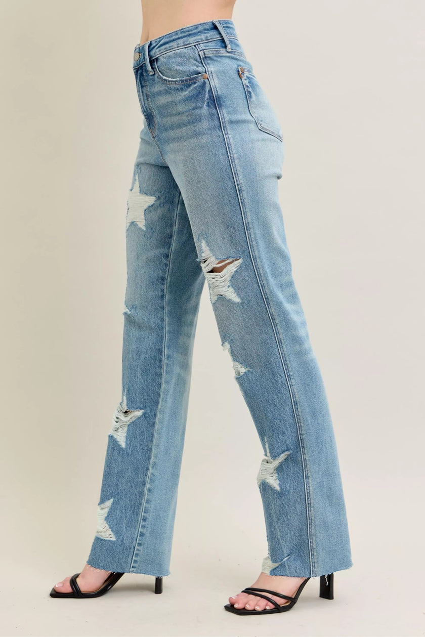 High Waist Rigid Magic Star Shaped Destroy 90's Straight Jeans Plus Size - FLORENTINE IRIS