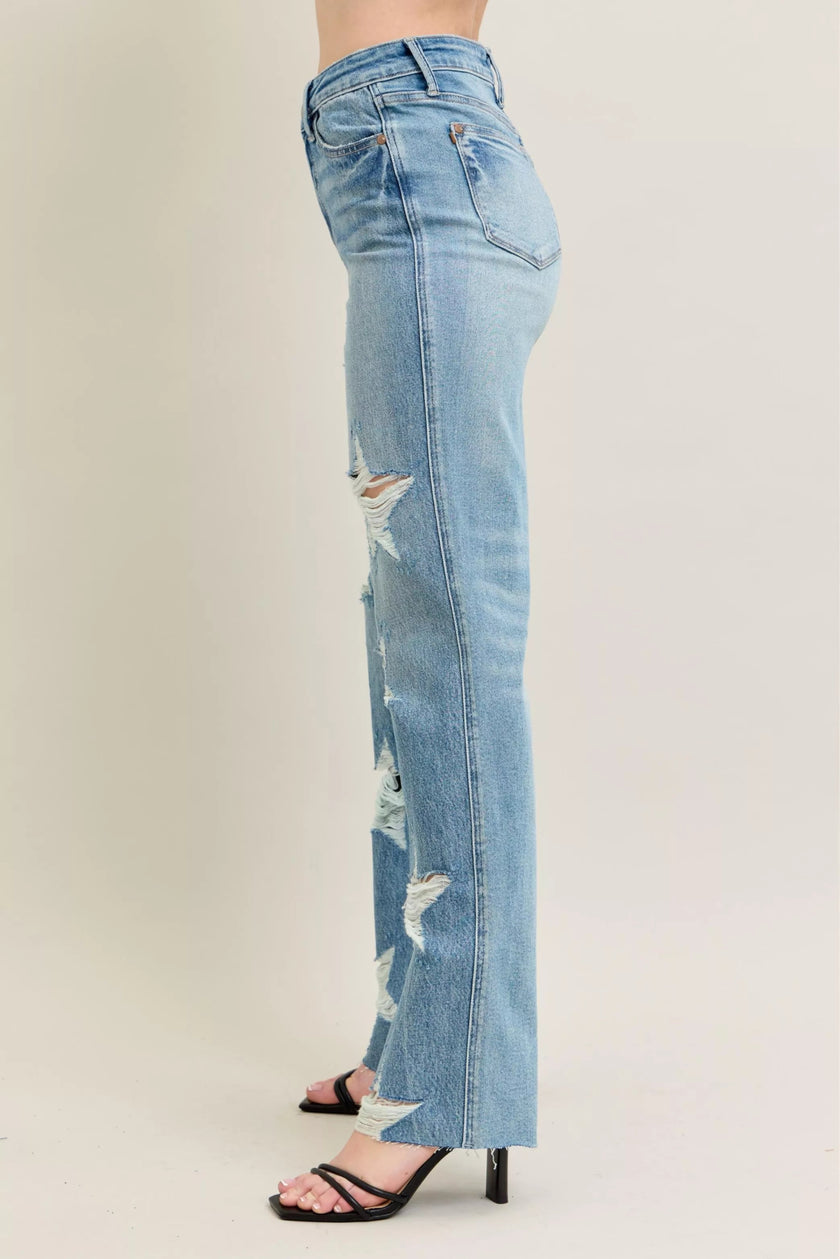 High Waist Rigid Magic Star Shaped Destroy 90's Straight Jeans Plus Size - FLORENTINE IRIS