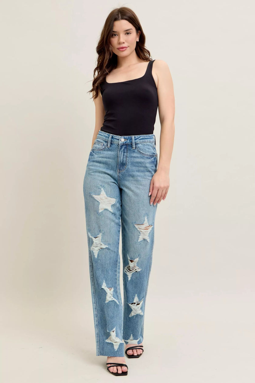 High Waist Rigid Magic Star Shaped Destroy 90's Straight Jeans Plus Size - FLORENTINE IRIS