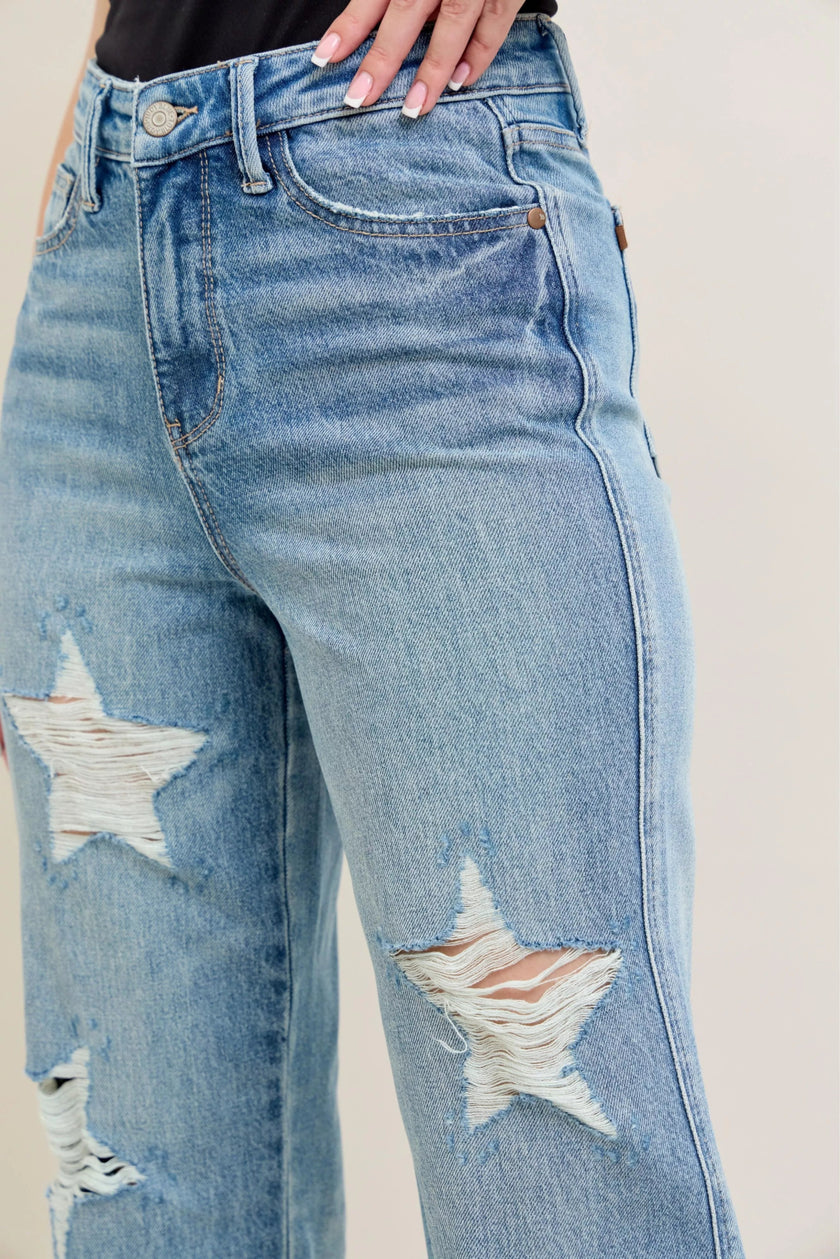 High Waist Rigid Magic Star Shaped Destroy 90's Straight Jeans Plus Size - FLORENTINE IRIS