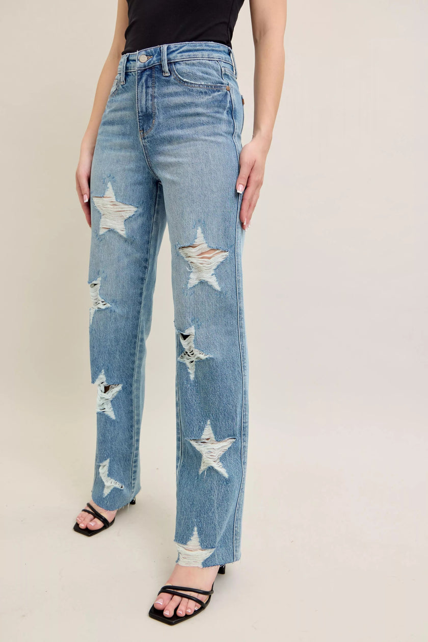 High Waist Rigid Magic Star Shaped Destroy 90's Straight Jeans Plus Size - FLORENTINE IRIS