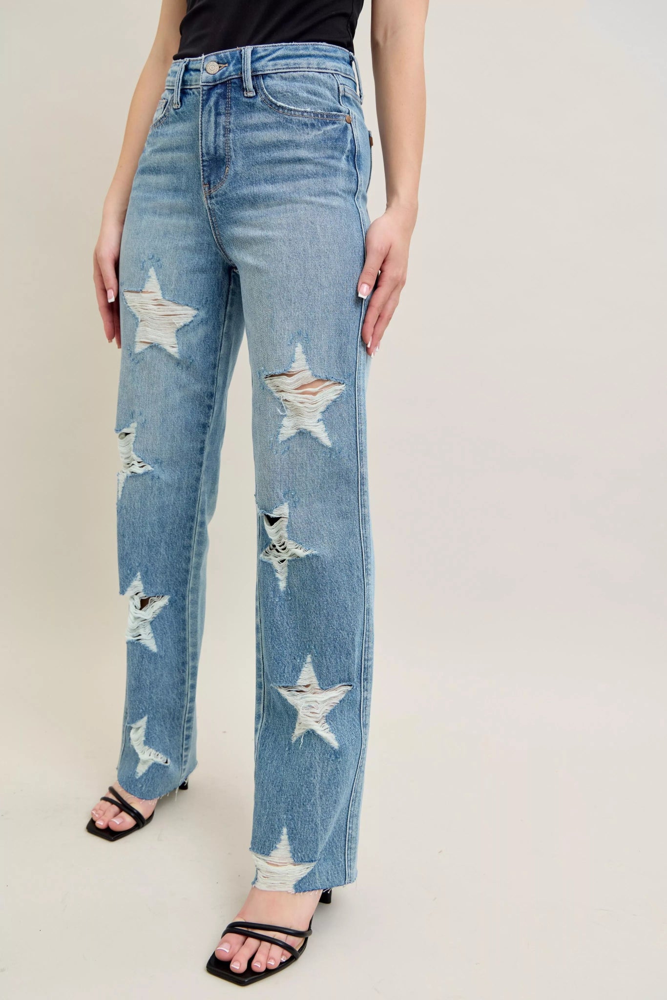 High Waist Rigid Magic Star Shaped Destroy 90's Straight Jeans Plus Size - FLORENTINE IRIS