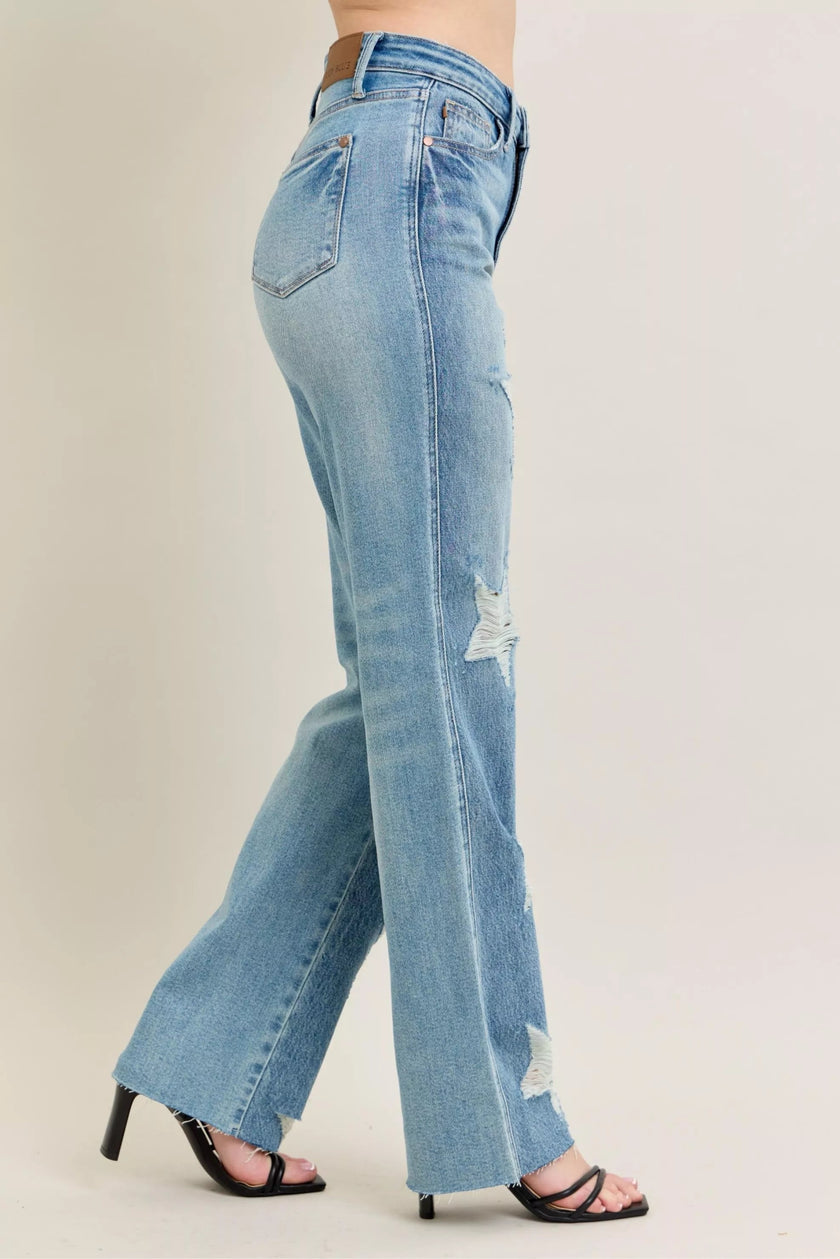 High Waist Rigid Magic Star Shaped Destroy 90's Straight Jeans Plus Size - FLORENTINE IRIS