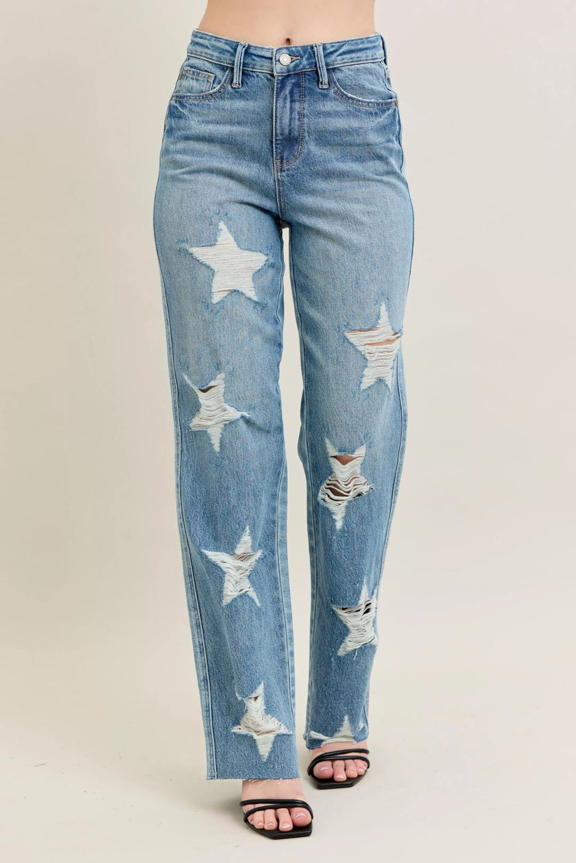 High Waist Rigid Magic Star Shaped Destroy 90's Straight Jeans Plus Size - FLORENTINE IRIS