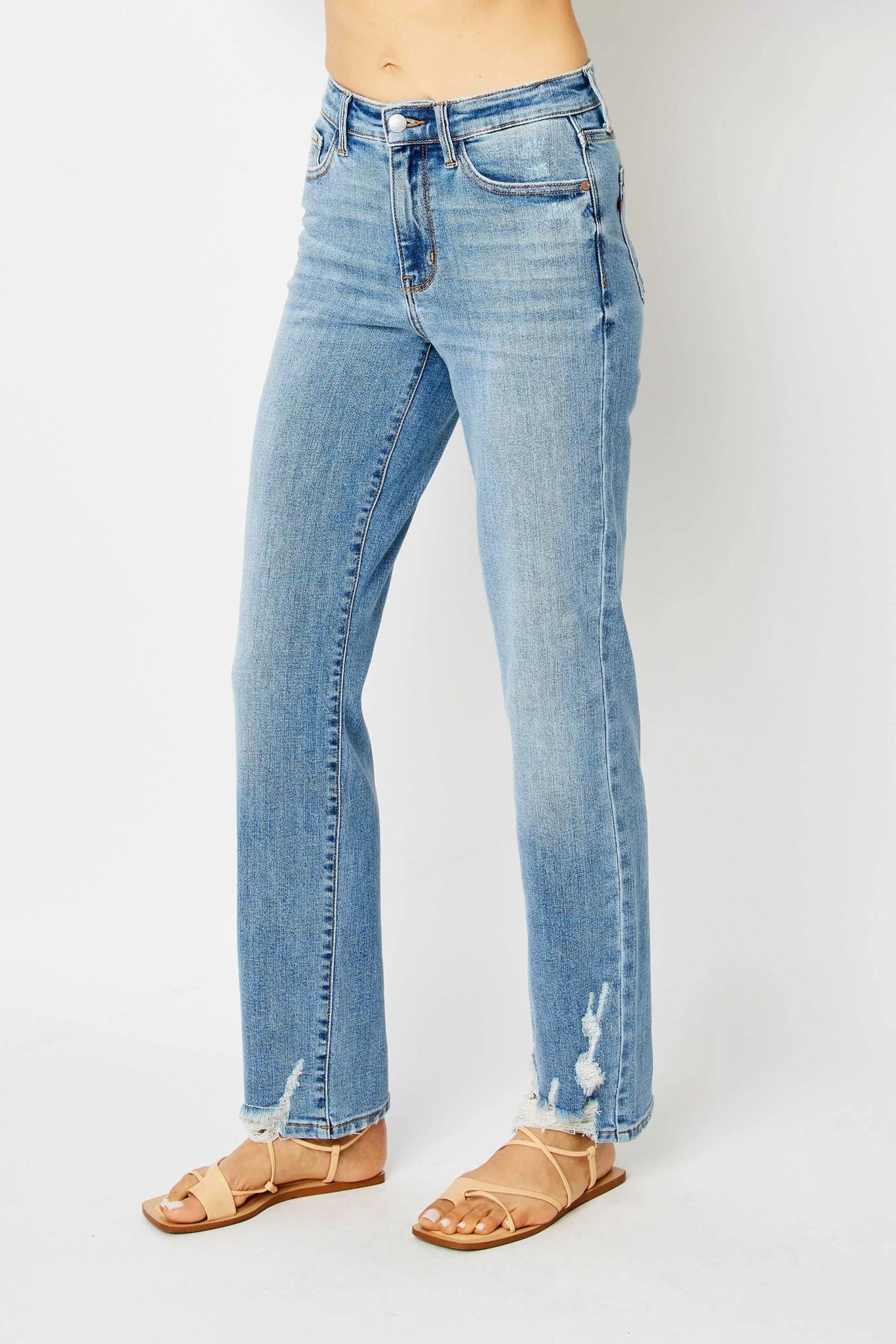 High Waist Straight Jeans with Heavy Destroy Plus Size - FLORENTINE IRIS
