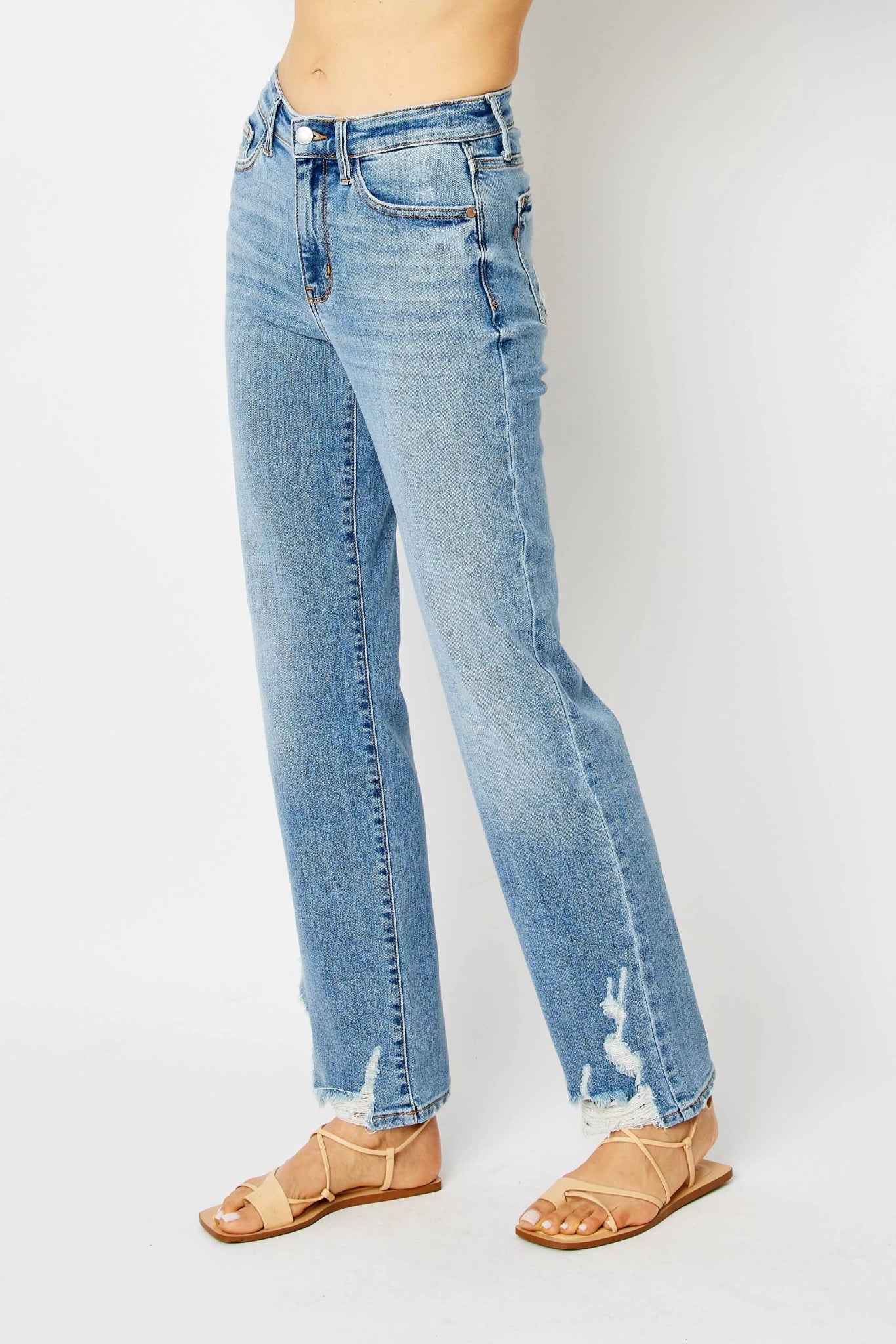 High Waist Straight Jeans with Heavy Destroy Plus Size - FLORENTINE IRIS