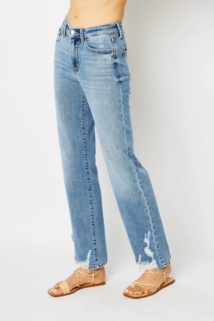 High Waist Straight Jeans with Heavy Destroy Plus Size - FLORENTINE IRIS