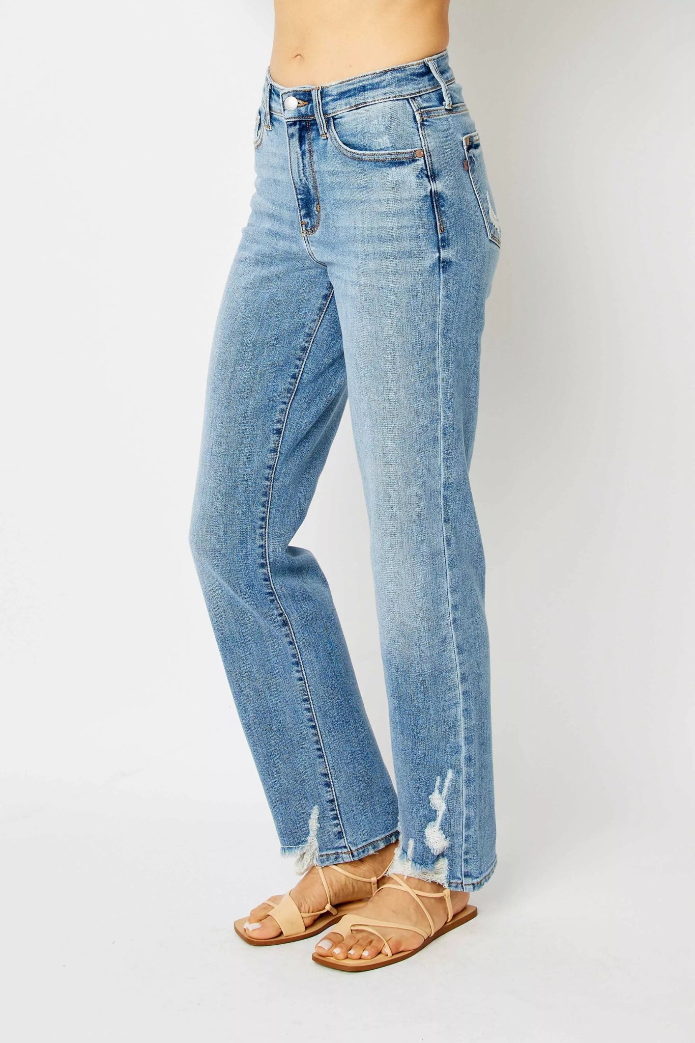High Waist Straight Jeans with Heavy Destroy Plus Size - FLORENTINE IRIS