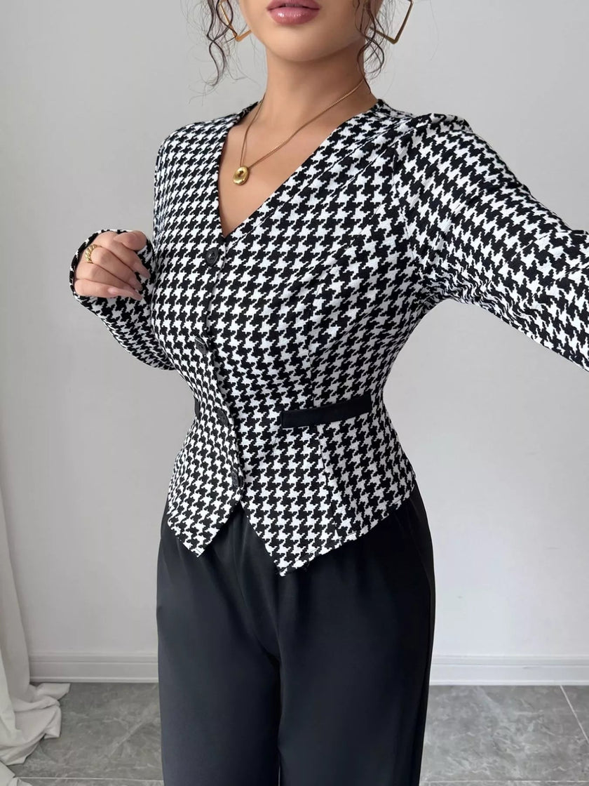 Houndstooth Blazer & Wide Leg Pants Set - FLORENTINE IRIS