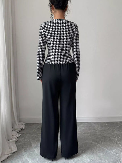 Houndstooth Blazer & Wide Leg Pants Set - FLORENTINE IRIS