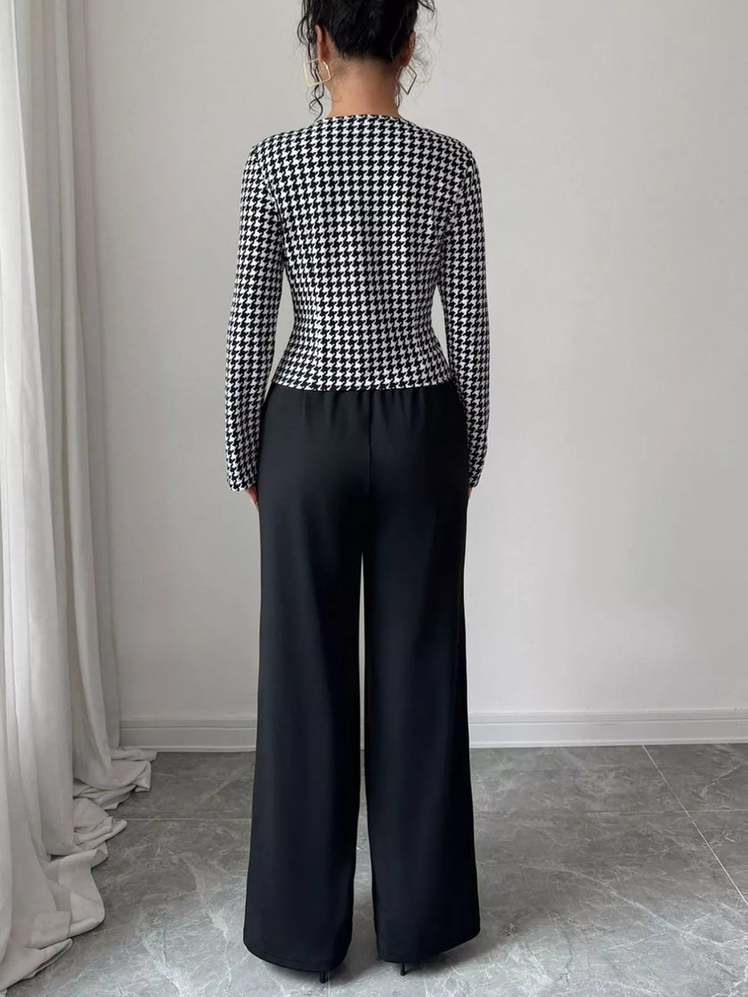 Houndstooth Blazer & Wide Leg Pants Set - FLORENTINE IRIS