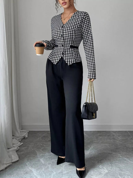 Houndstooth Blazer & Wide Leg Pants Set - FLORENTINE IRIS