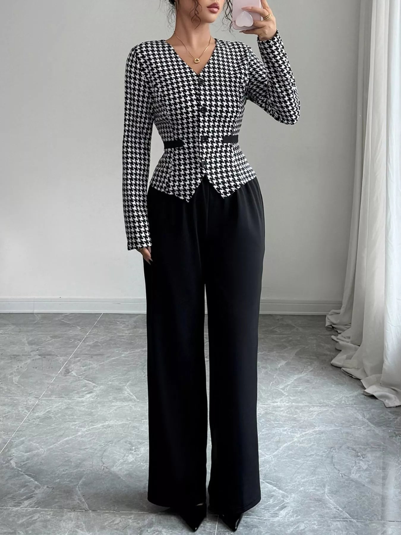 Houndstooth Blazer & Wide Leg Pants Set - FLORENTINE IRIS