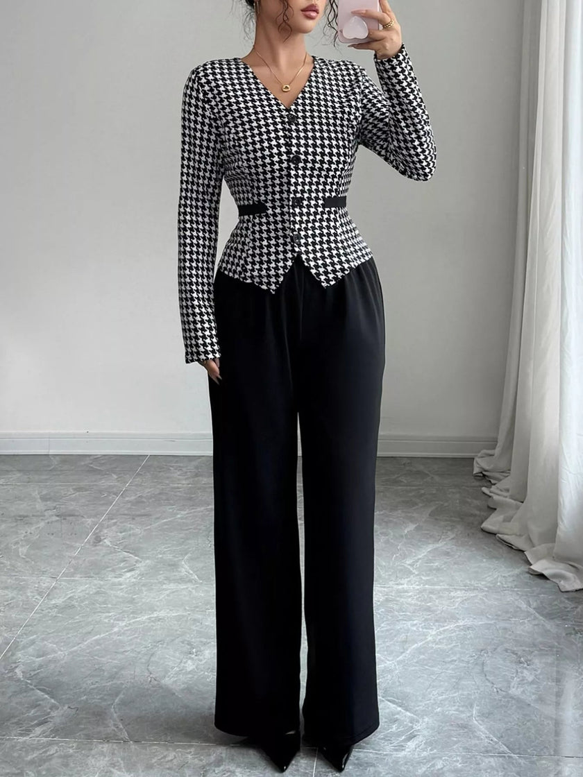Houndstooth Blazer & Wide Leg Pants Set - FLORENTINE IRIS