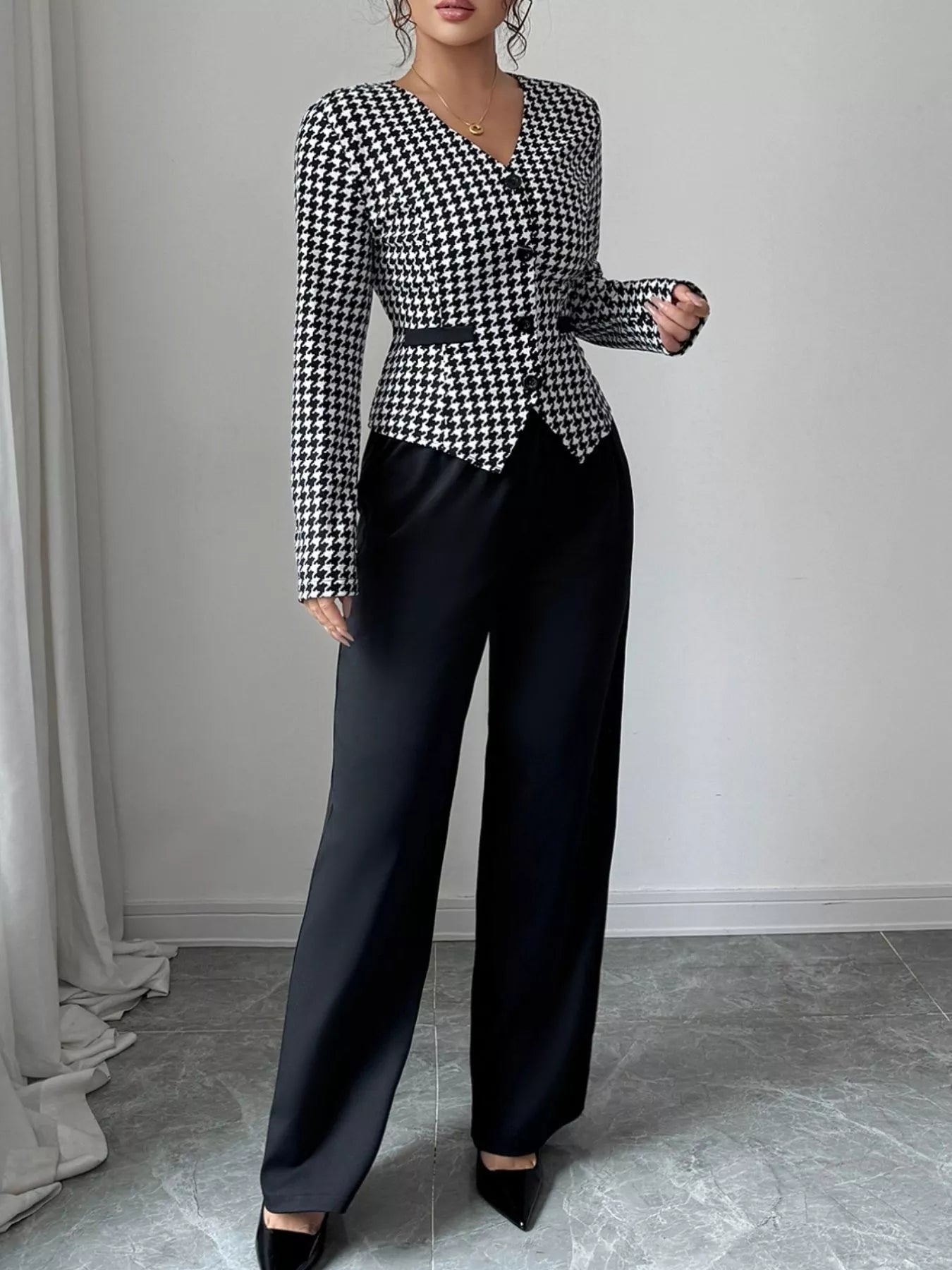 Houndstooth Blazer & Wide Leg Pants Set - FLORENTINE IRIS