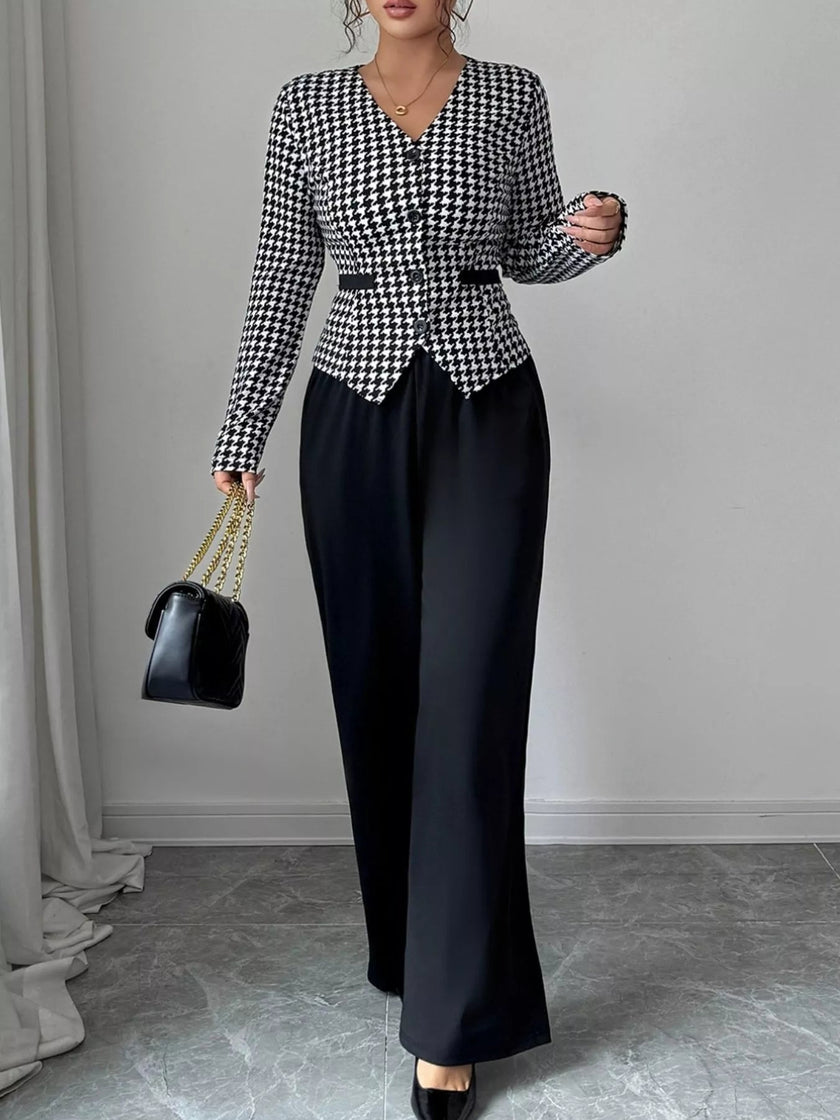Houndstooth Blazer & Wide Leg Pants Set - FLORENTINE IRIS