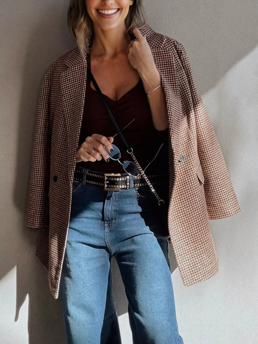 Houndstooth Lapel Collar Blazer - FLORENTINE IRIS