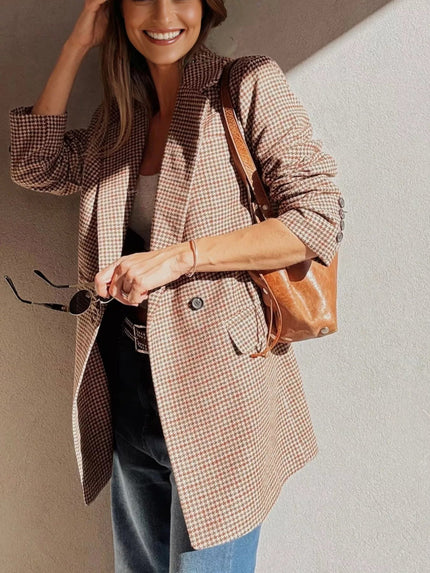 Houndstooth Lapel Collar Blazer - FLORENTINE IRIS