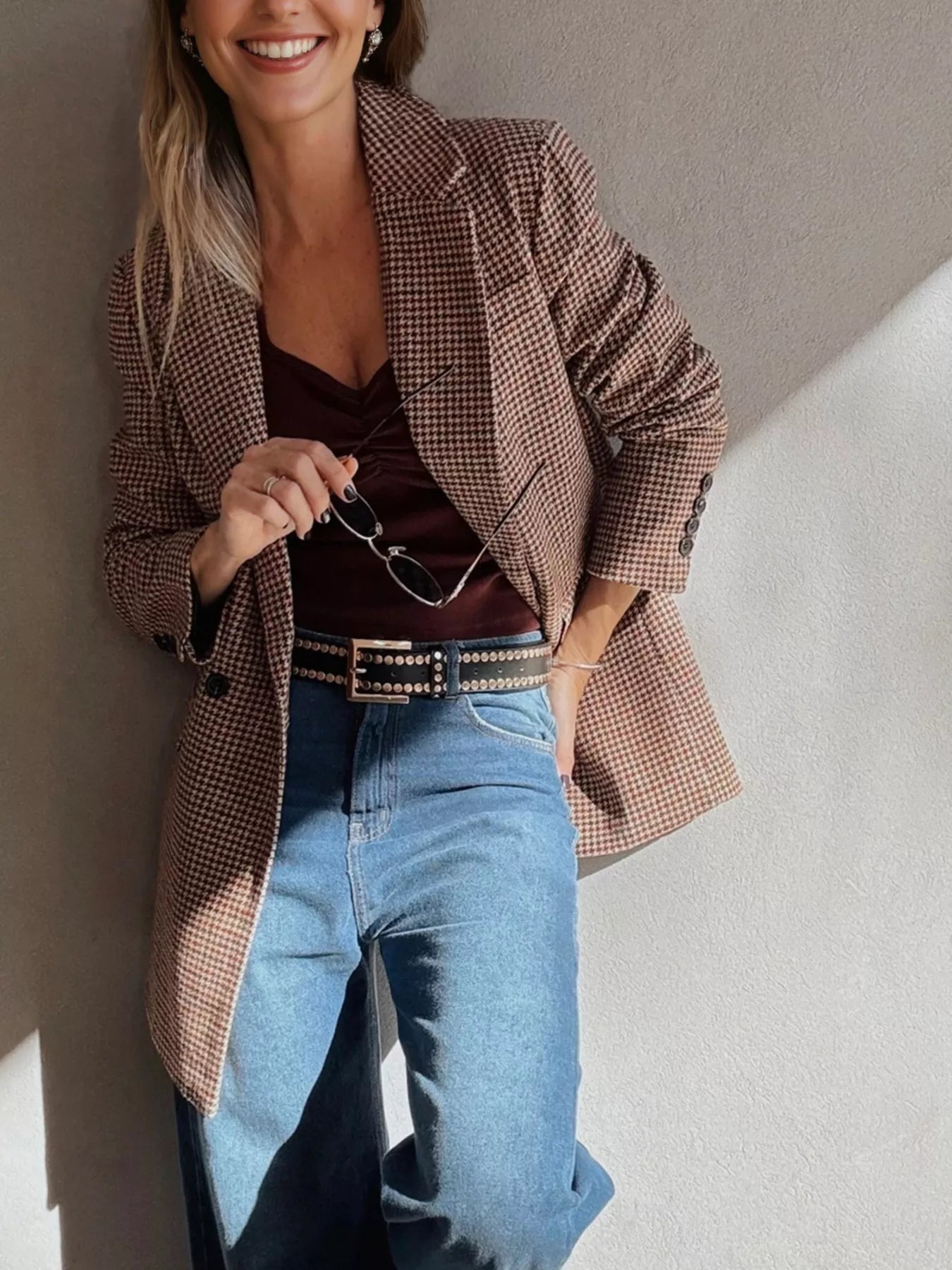 Houndstooth Lapel Collar Blazer - FLORENTINE IRIS
