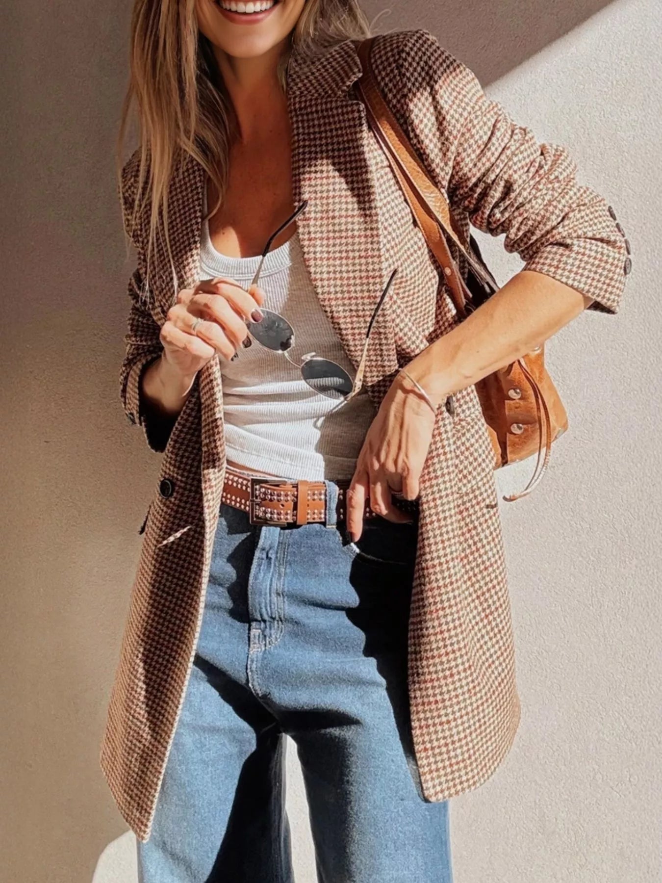 Houndstooth Lapel Collar Blazer - FLORENTINE IRIS