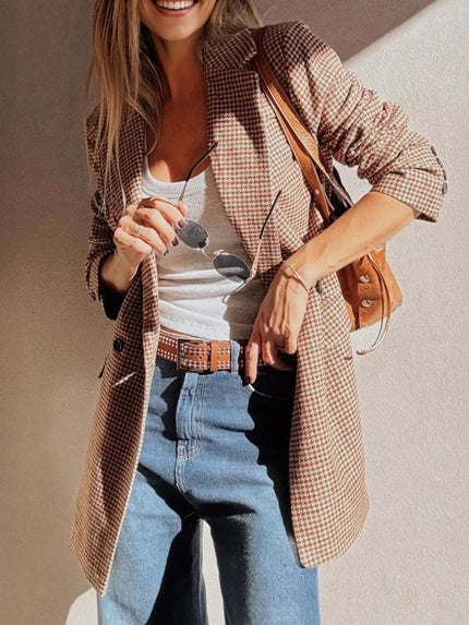 Houndstooth Lapel Collar Blazer - FLORENTINE IRIS