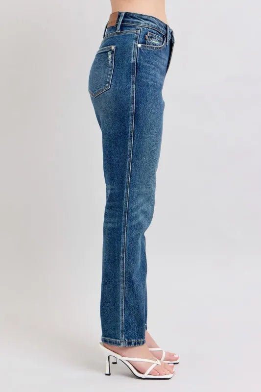 Judy Blue Full Size High Waisted Rigid Magic Non - destroy Straight Leg Jeans Plus Size - FLORENTINE IRIS