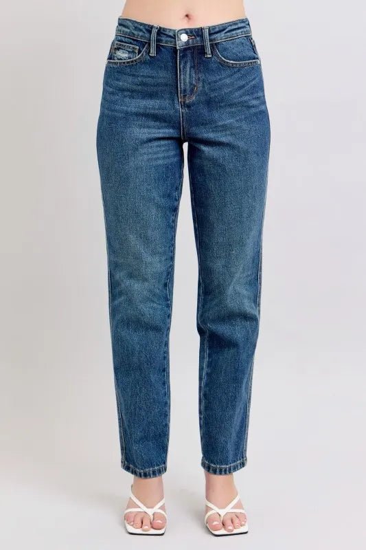 Judy Blue Full Size High Waisted Rigid Magic Non - destroy Straight Leg Jeans Plus Size - FLORENTINE IRIS